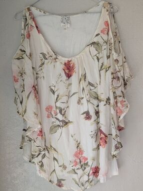 Floral Cold Shoulder Top 1X Cream Pink Gold Flutter Sleeve Fairy Cottagecore